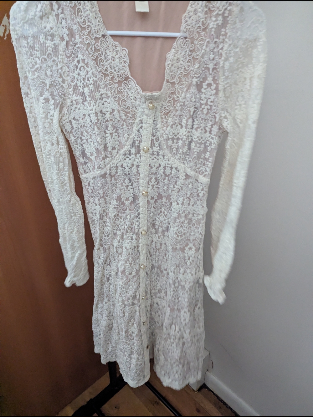 Ivory Lace Long Sleeve Button-Front Dress